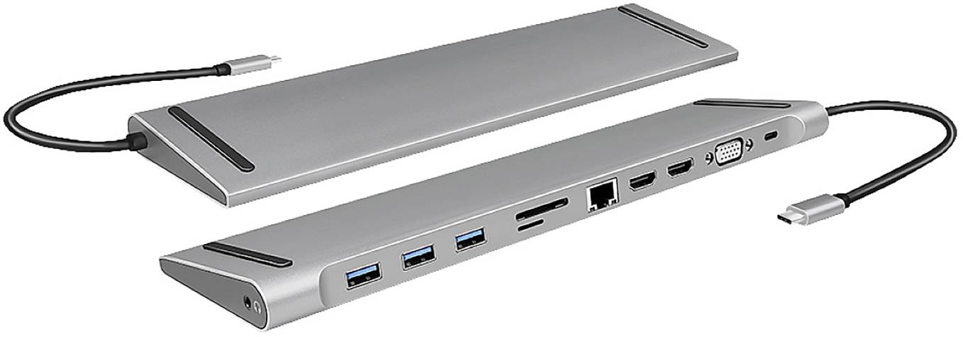 Två USB-C-dockningsstationer med olika anslutningar, inklusive USB- och HDMI-portar, visade på vit bakgrund.