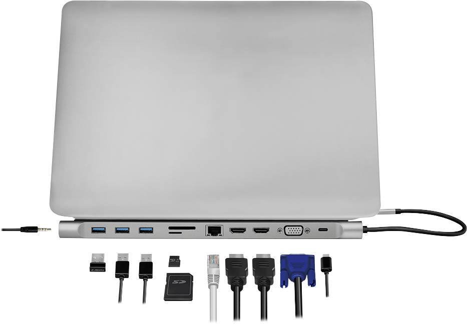 Baksidan av en bärbar dator med en ansluten USB-hubb. Olika portar: USB, HDMI, VGA, Ethernet, SD-kortläsare, ljudanslutning.