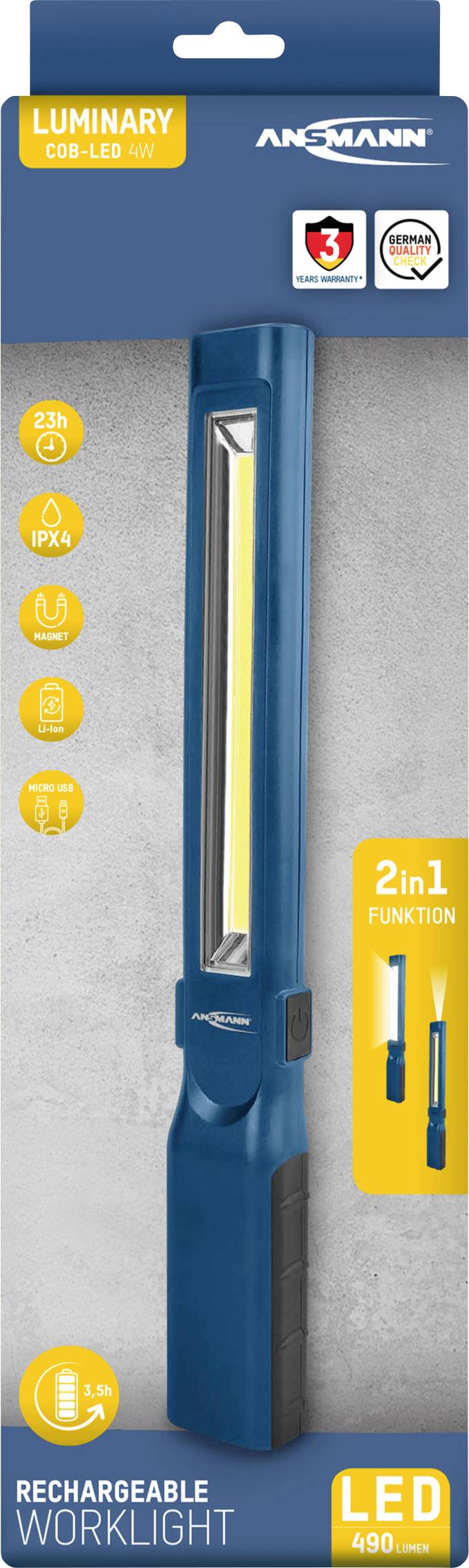 Förpackning för en uppladdningsbar LED-arbetslampa med 600 lumen, 2-i-1-funktion, 25 timmars drifttid, användbar vertikalt och horisontellt.