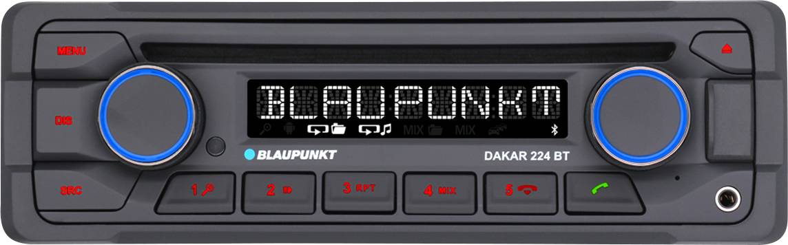 Bilradio med CD-spelare; märke Blaupunkt, modell Dakar 224 BT. Display visar Blaupunkt-logotyp. Reglage för radiokanaler och volym.