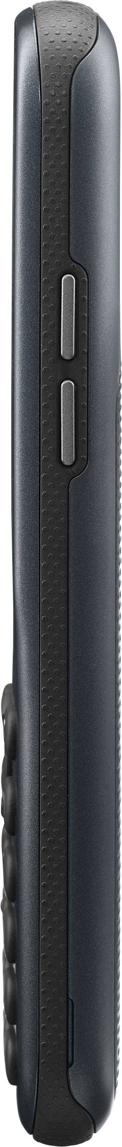 Vy från sidan av en mobiltelefon. Två volymknappar syns, höljets färg verkar mörk med lätta accenter.