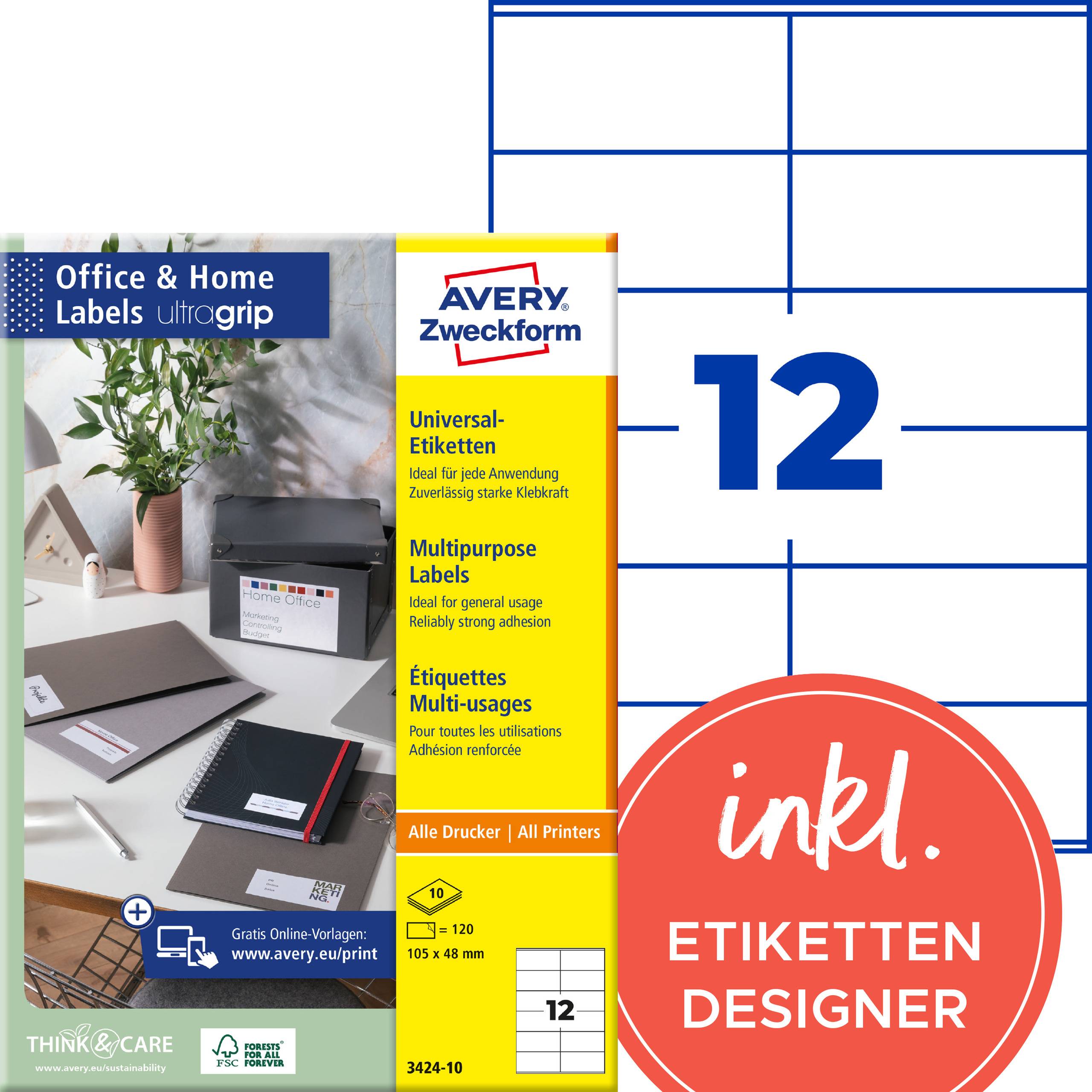 Avery Zweckform Office & Home etiketter, storlek 105 x 48 mm, 120 etiketter, med "inkl. ETIKETTEN DESIGNER" märke.