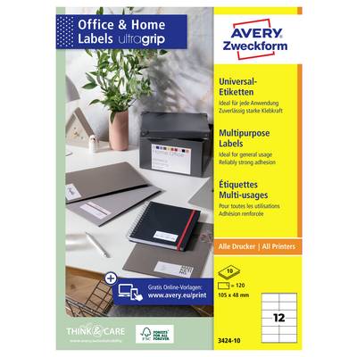 Avery Zweckform "Office & Home Labels ultragrip" förpackning med universella, mångbrukliga etiketter för alla skrivare, med 105 x 48 mm arkuppsättning och 12 etiketter per ark.
