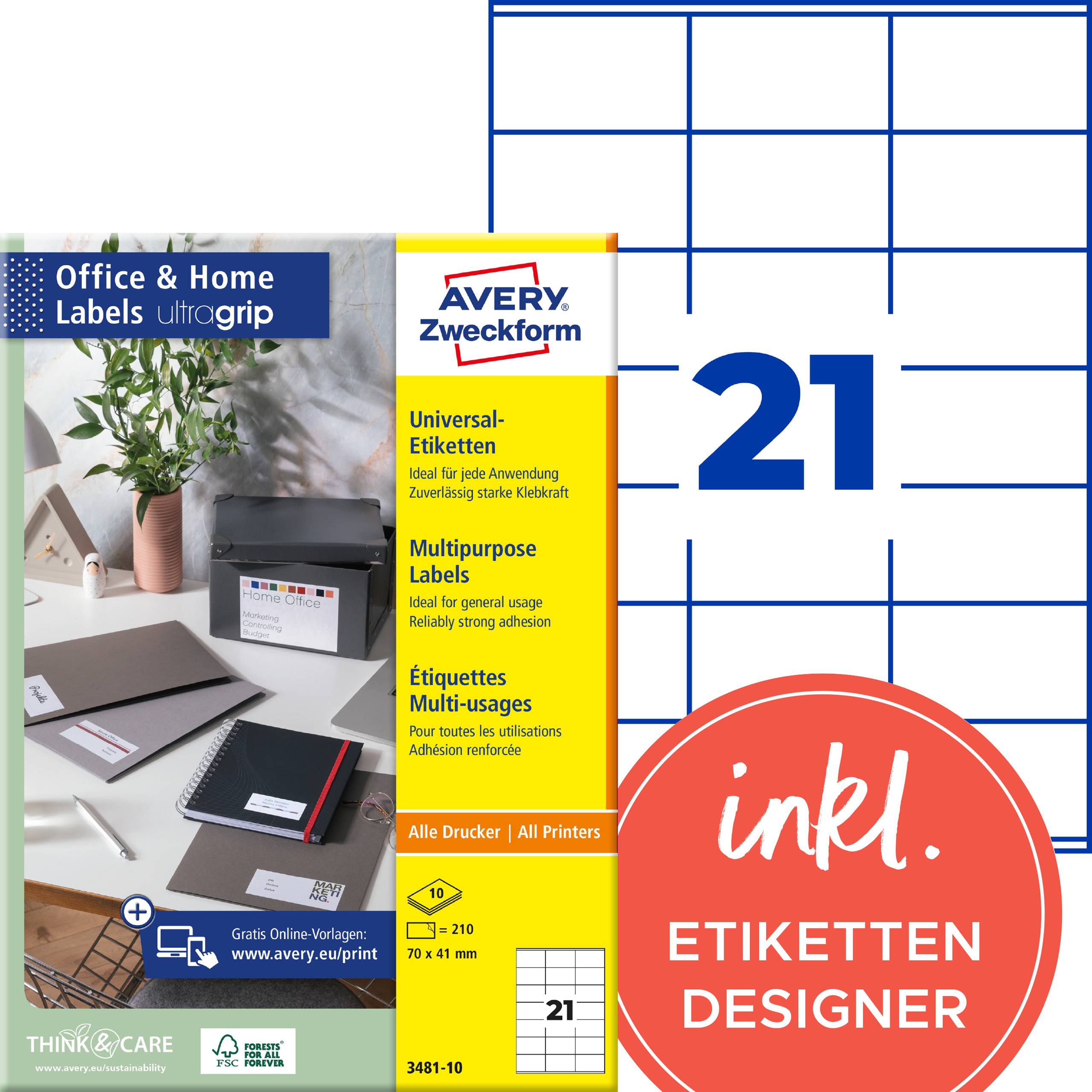 Avery Zweckform kontors- och hemetiketter, ultragreppet, 21 etiketter per ark, innehåller etikettdesigner; kompatibel med alla skrivare.