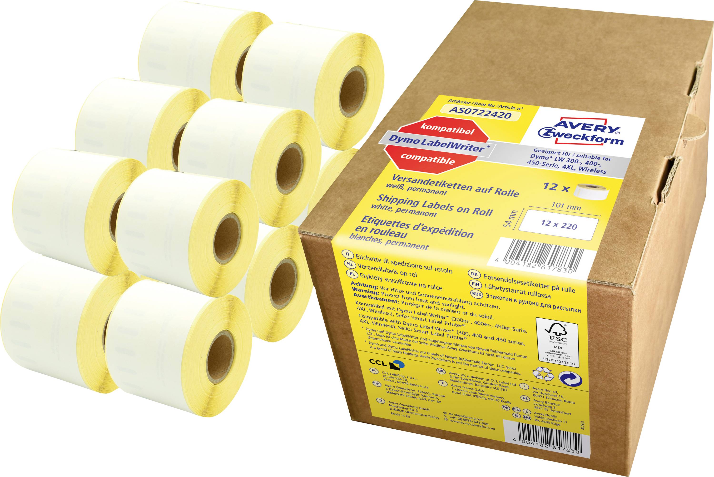 Förpackning med Avery Zweckform Dymo LabelWriter-kompatibla fraktetikettrullar, visad bredvid flera rullar på en vit bakgrund.
