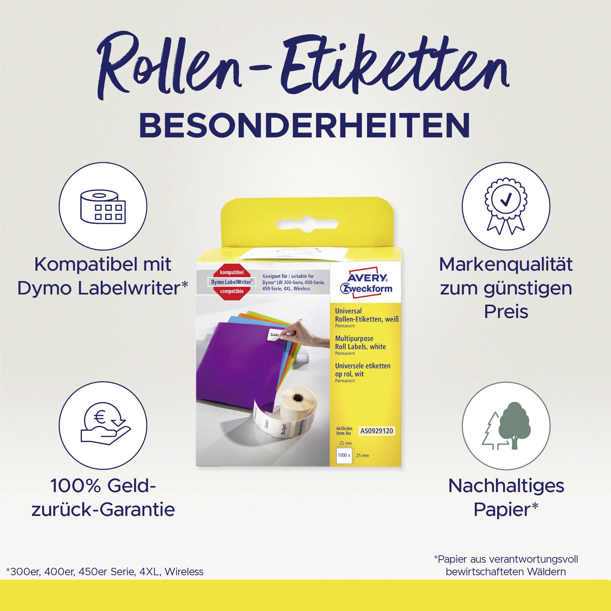 'Rollen-Etiketten Särdrag' visar en produktbild med information om papperskvalitet, kompatibilitet, pengar-tillbaka-garanti och hållbarhet.