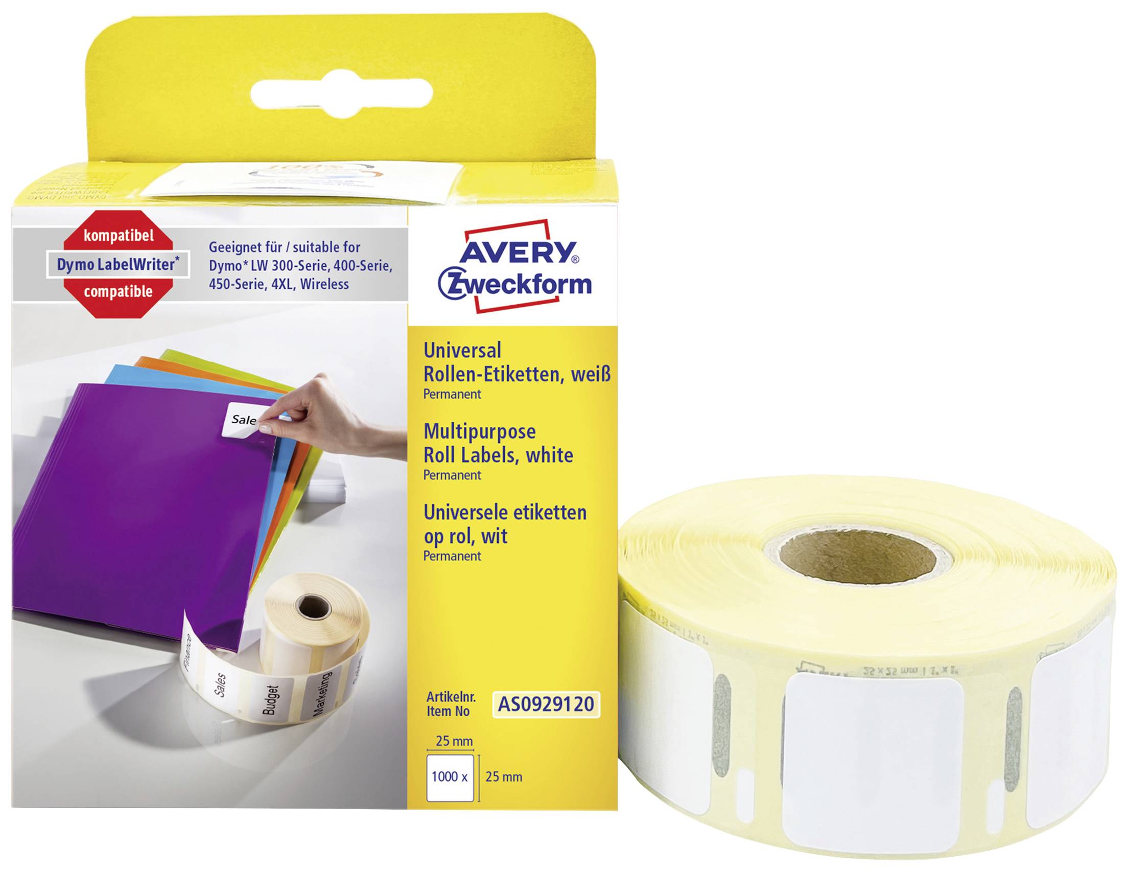 Avery Zweckform Universal etiketter, vita, 25 mm. Kompatibel med Dymo LabelWriter. 1000 etiketter per rulle.