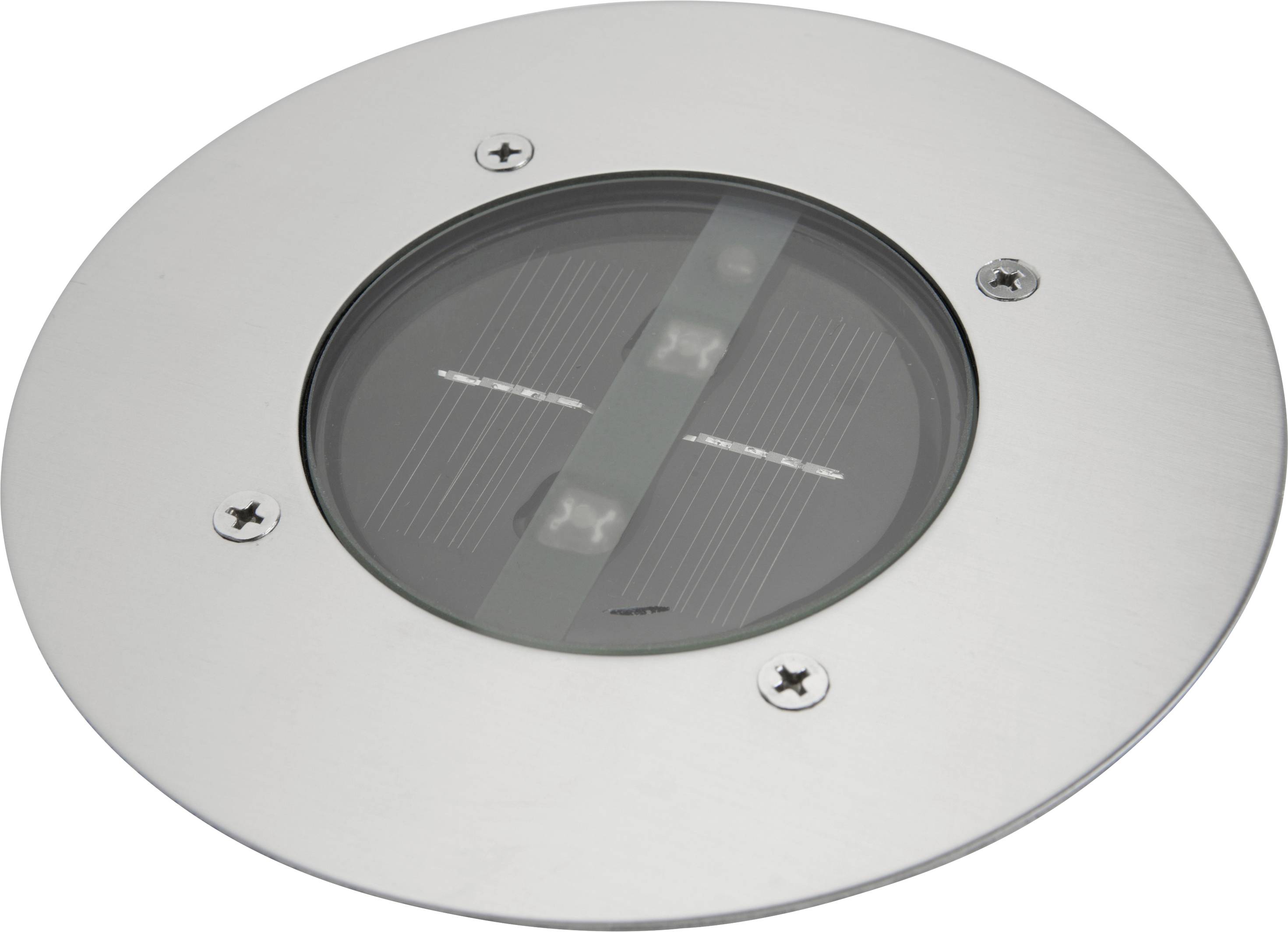 En rund, silverfärgad infälld utomhuslampa med tre synliga LED-lampor bakom glas, lämplig för markmontering utomhus.