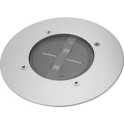 En rund, silverfärgad infälld utomhuslampa med tre synliga LED-lampor bakom glas, lämplig för markmontering utomhus.