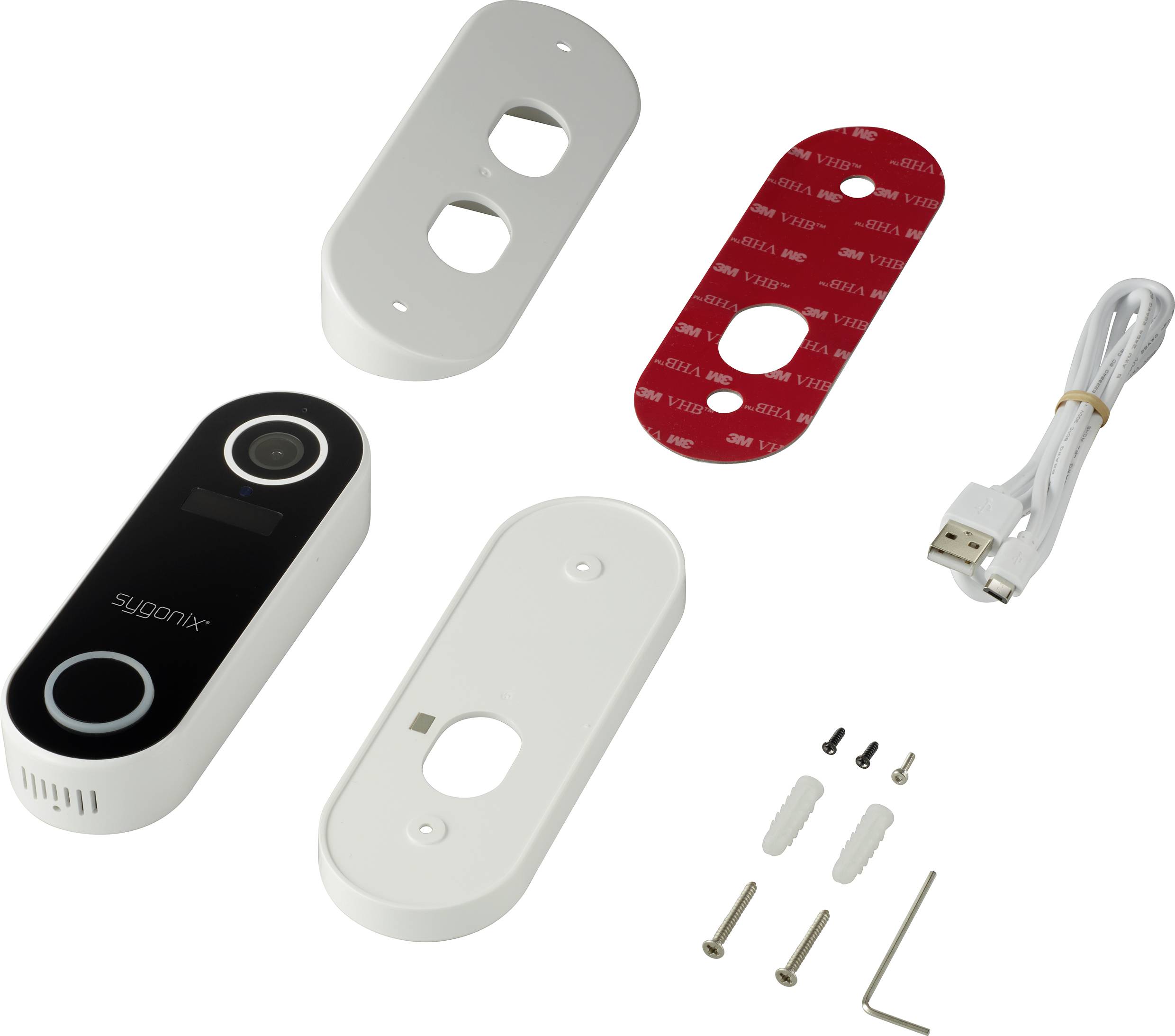 Dörrklockskit bestående av kamera, monteringsplattor, fästmaterial och USB-kabel.
