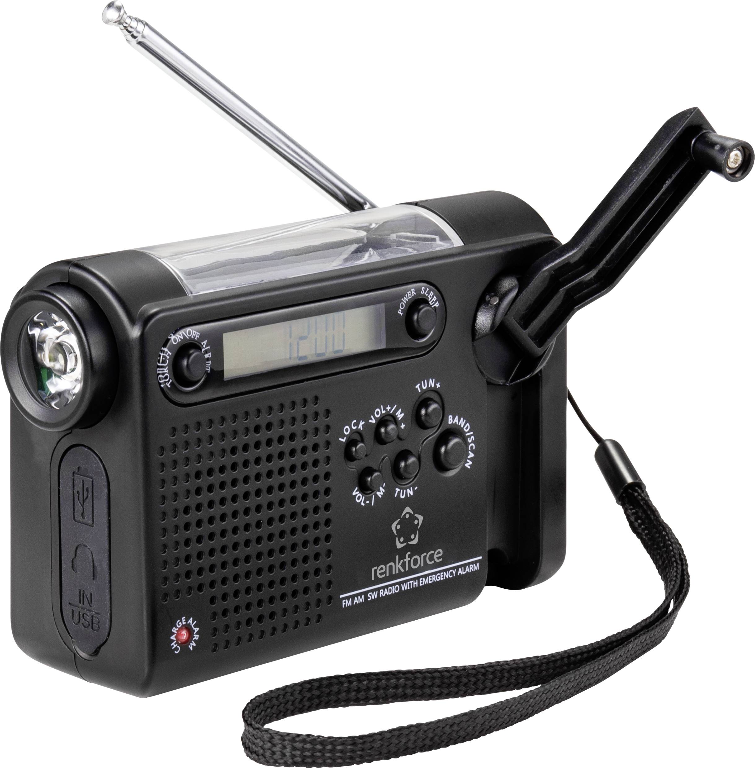 En svart bärbar nödradio med vev, antenn och inbyggd ficklampa. Den har en LCD-skärm och en slinga.