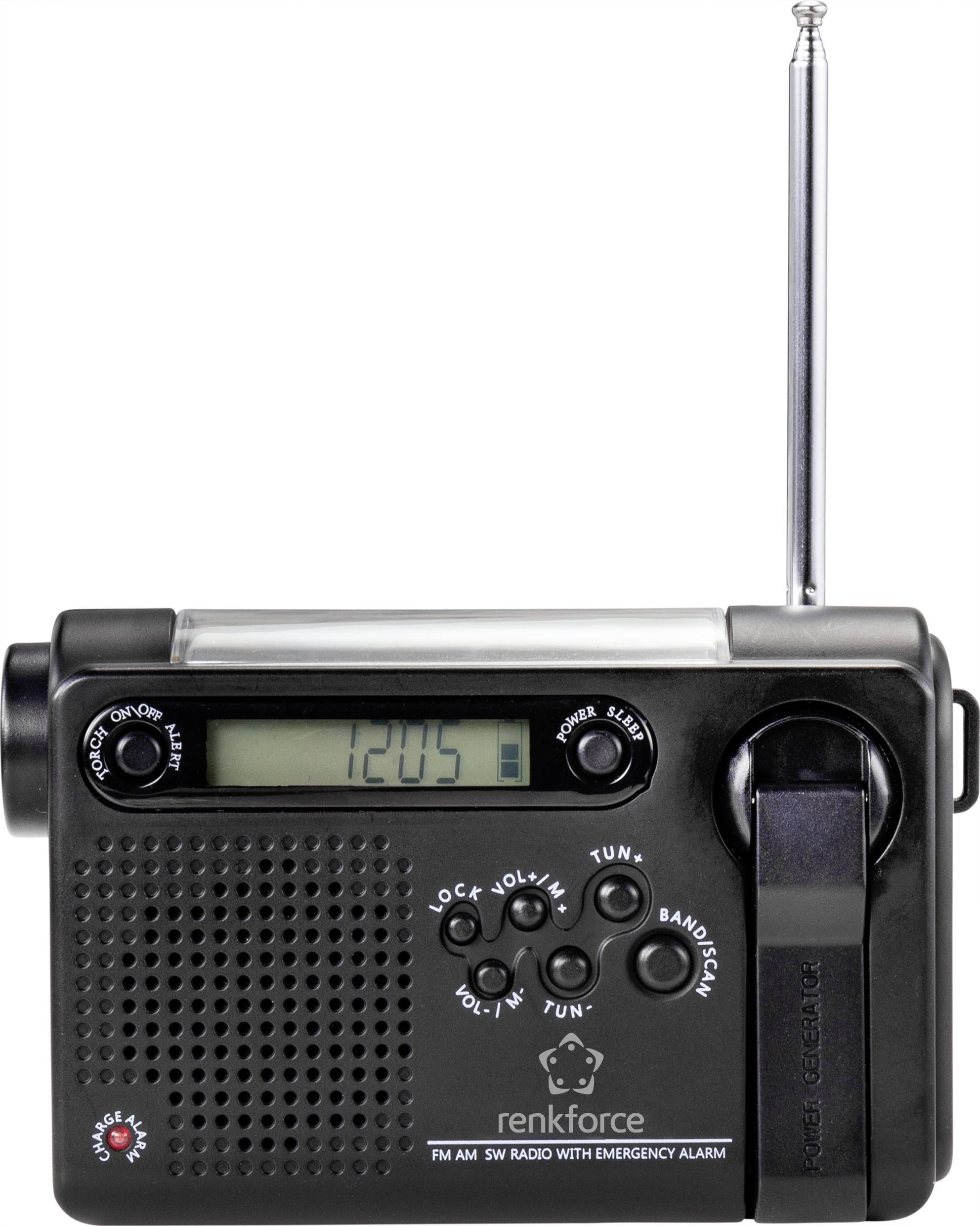 En svart bärbar radio med antenn, LED-display visar '12:05', vred för volym och sökning, märke 'Renkforce'.