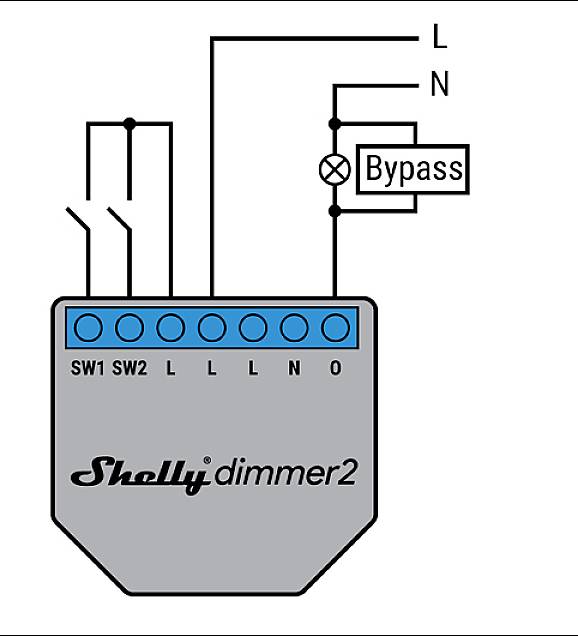 Diagram över Shelly Dimmer 2: Kablage med anslutningar L, N, SW1, SW2 och valfri bypass.