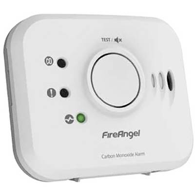 Kolmonoxidlarm med testknapp och LED-indikatorer för drift, larm och fel. Märke: FireAngel.