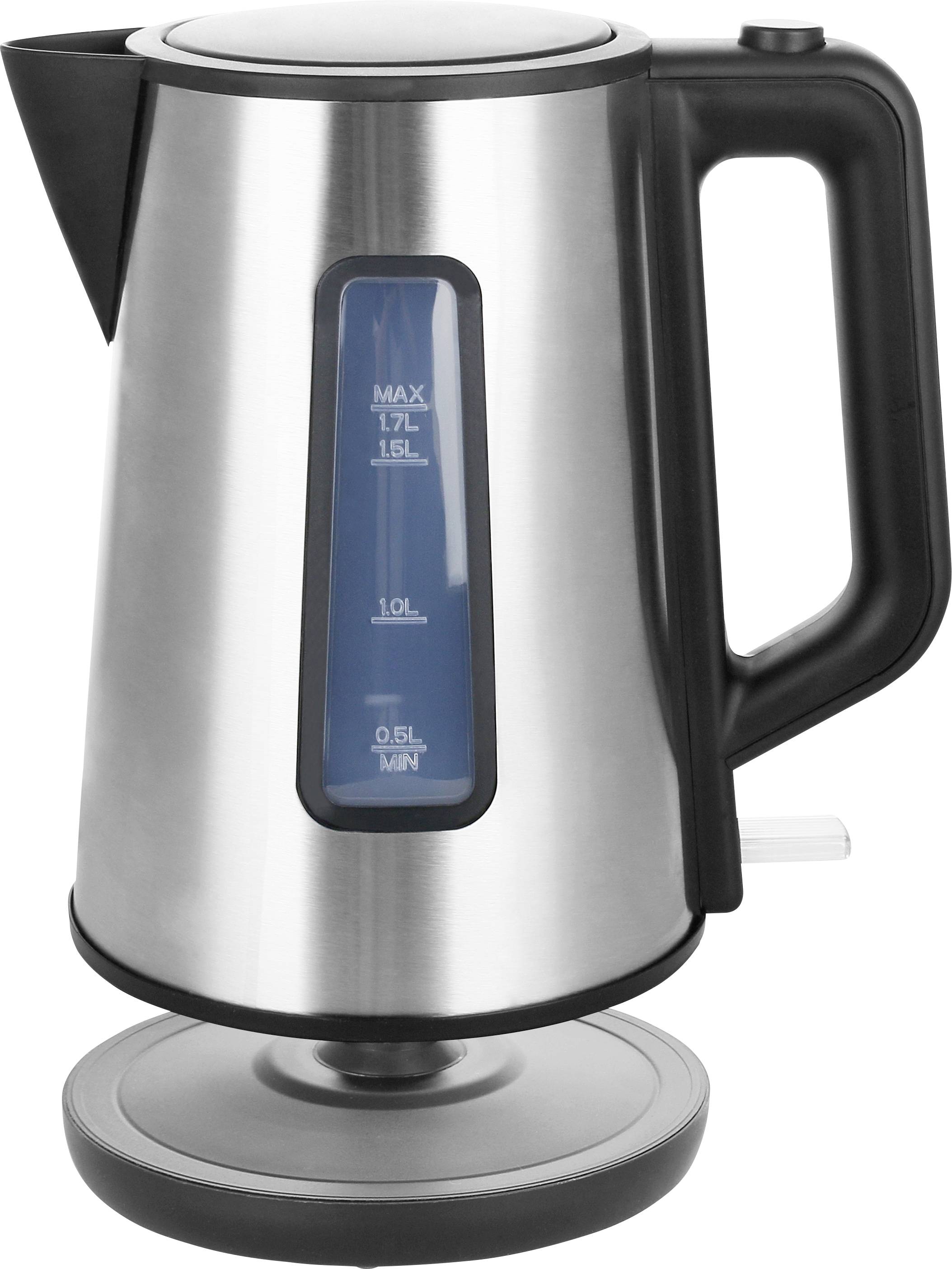Metallisk vattenkokare med svart handtag och blå vattenståndsmätare, visar max 1,7 liter.