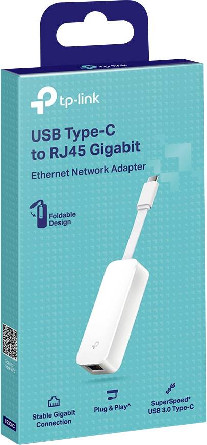 Förpackning för en TP-Link USB-C till RJ45 Gigabit Ethernet-adapter. Egenskaper: Vikbar design, Plug & Play, SuperSpeed USB 3.0.
