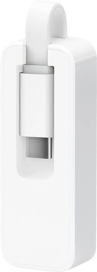 Vitt, rektangulärt enhetsadapter med en USB-C-kontakt som är fäst vid en gångjärnsled och lämplig för anslutning av elektroniska enheter.