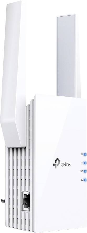 WLAN-repeater i vitt med TP-Link-logotyp, vertikala ventilationsöppningar och LED-indikatorer för signalstyrka.
