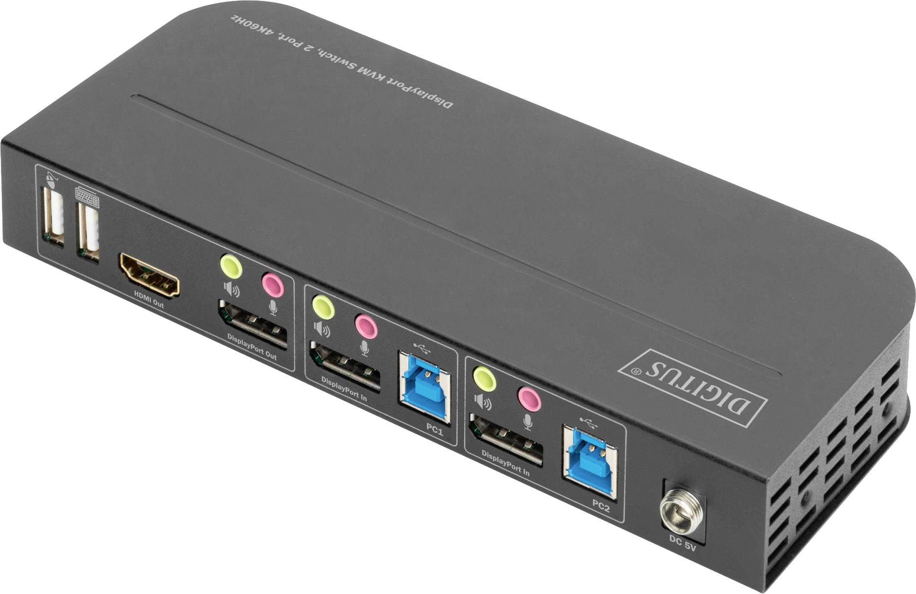 'Digitus KVM-switch DA-70352' – baksidan visar USB-anslutningar, HDMI, ljuduttag och LAN-port för anslutning av flera datorer.