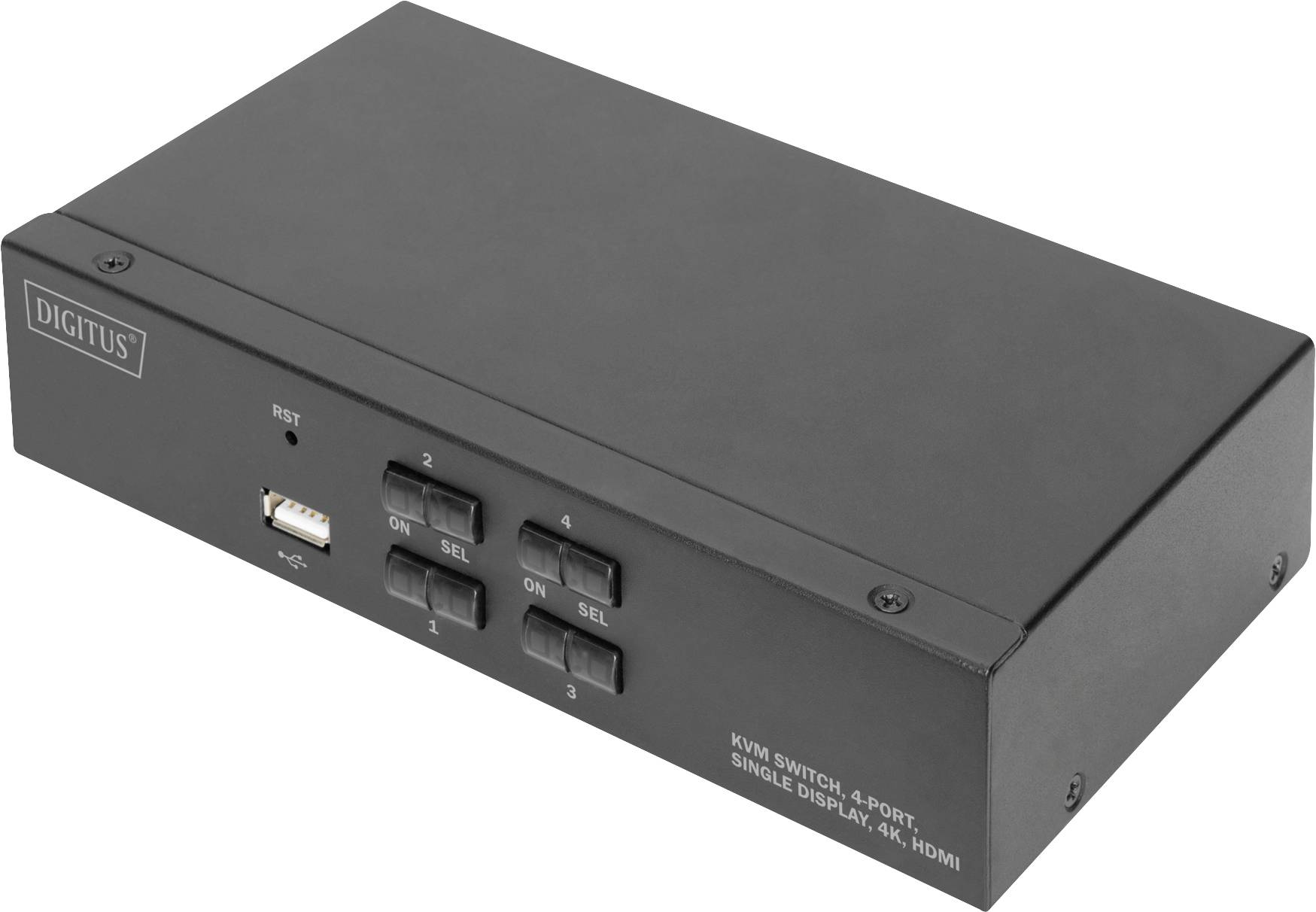 En svart KVM-switch med fyra knappar för val av datorer. Märkt med 'Digitus' och 'KVM Switch, 4-Port, Single Display, 4K, HDMI'.