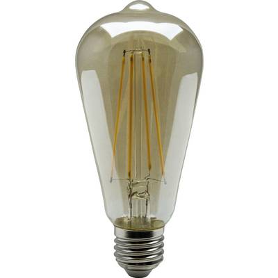 En klassisk glödlampa med synligt glödtråd som lyser elegant. Den har en droppformad glasform med silverbeslag.