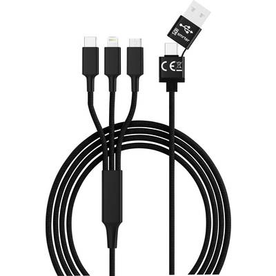 Ett svart USB-laddkabel med fyra olika anslutningar på den andra sidan.