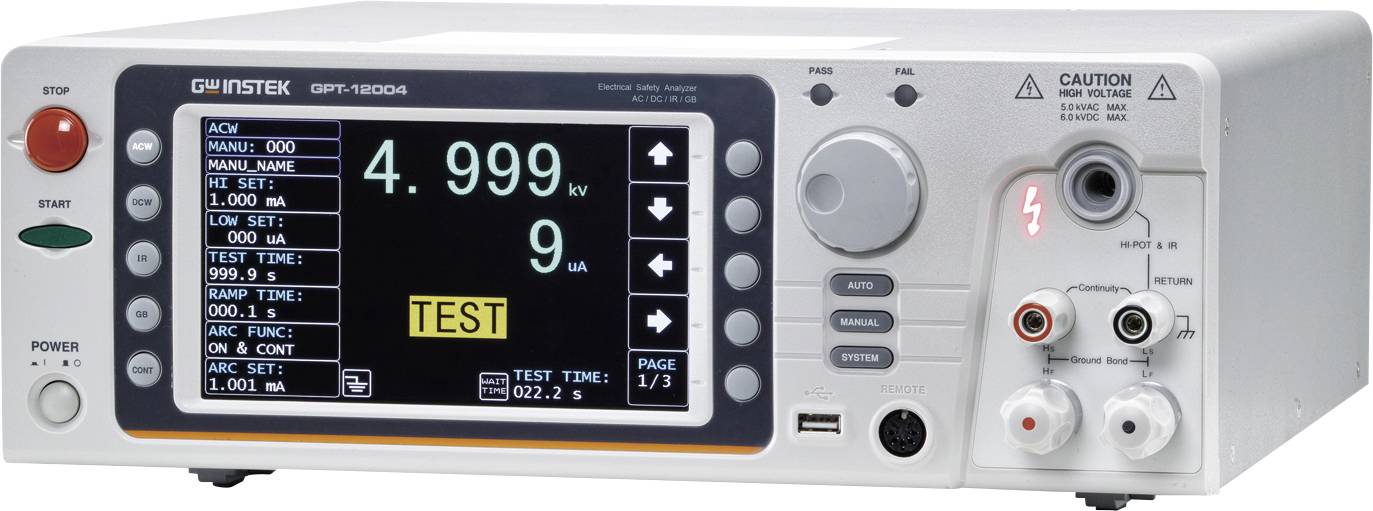 Elektronisk testapparat med digitalt display som visar '4.999 kV' och 'TEST'. Manöverdon och anslutningar till höger.