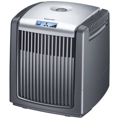 En luftrenare i modernt design, silver och grå. Den har ventilationsspringor på sidorna och en digital kontrollpanel på ovansidan.