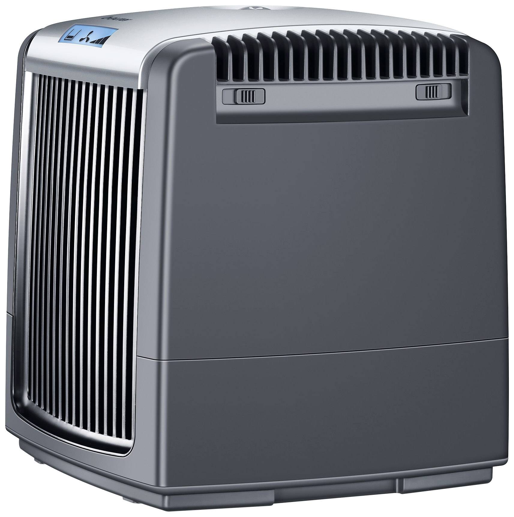 En grå luftrenare med vertikala ventilationsöppningar och en digital skärm på ovansidan, placerad på ett bord.