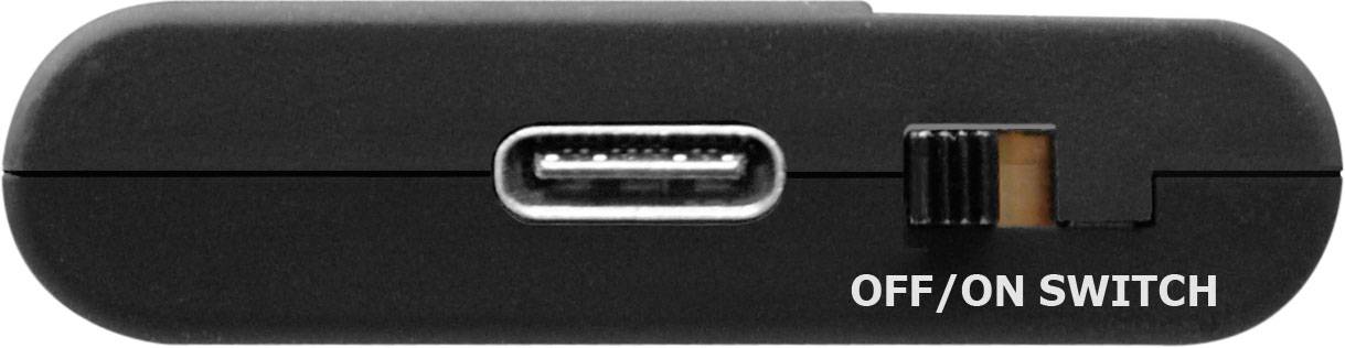En bärbar, svart enhet med en USB-C-port och en strömbrytare märkt 'OFF/ON SWITCH'.