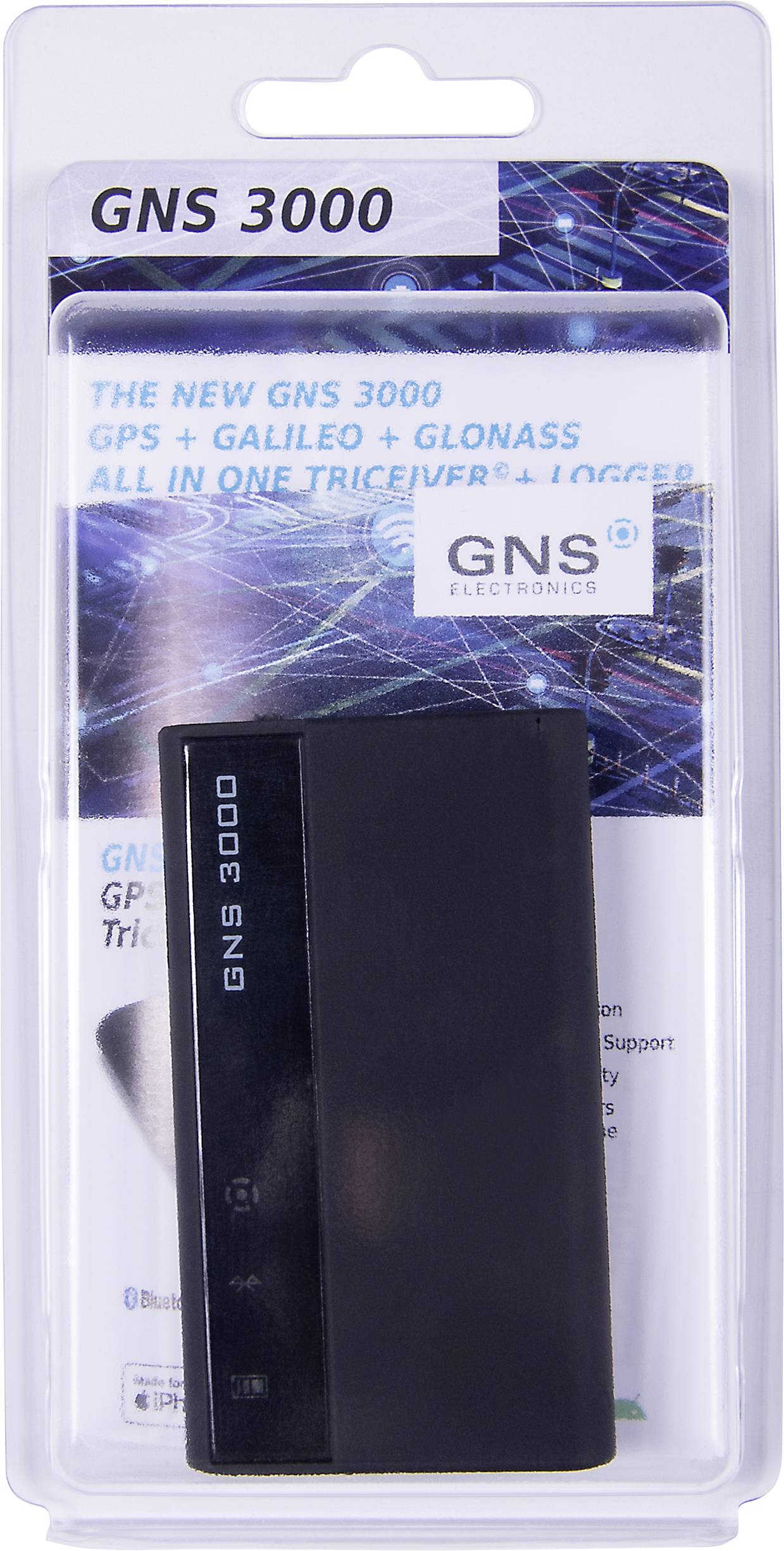 GPS-loggern 'GNS 3000' i förpackning, marknadsförd med GPS, Galileo, Glonass. Produktnamn och funktioner synliga på framsidan.