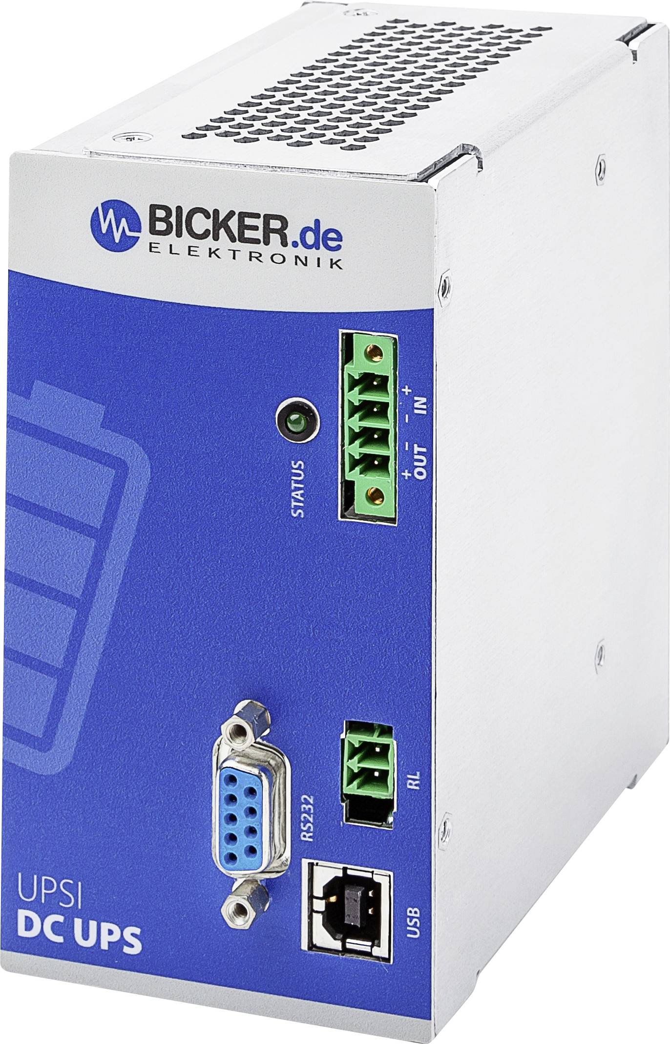 Blå och silverfärgad avbrottsfri strömförsörjning (DC UPS) från Bicker.de med anslutningar och statusindikator.