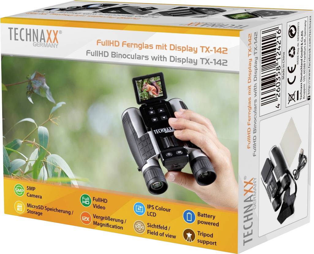 'TECHNAXX FullHD Kikare med Display TX-142' förpackning. Presenterar en kikare med skärm, kamerafunktioner och tekniska detaljer.