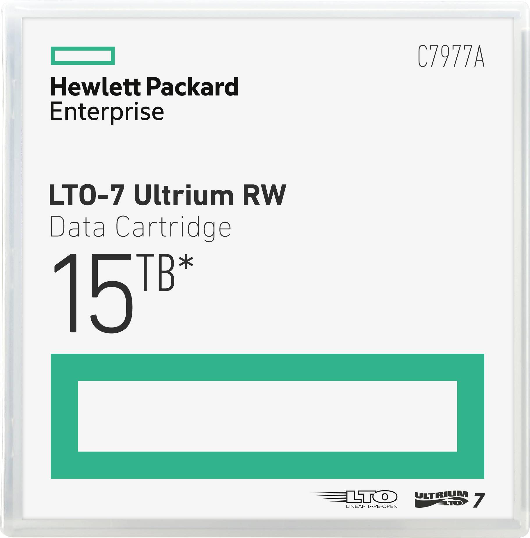 'Hewlett Packard Enterprise LTO-7 Ultrium RW-datakassett, 15 TB lagringskapacitet med grön rand på förpackningen.'