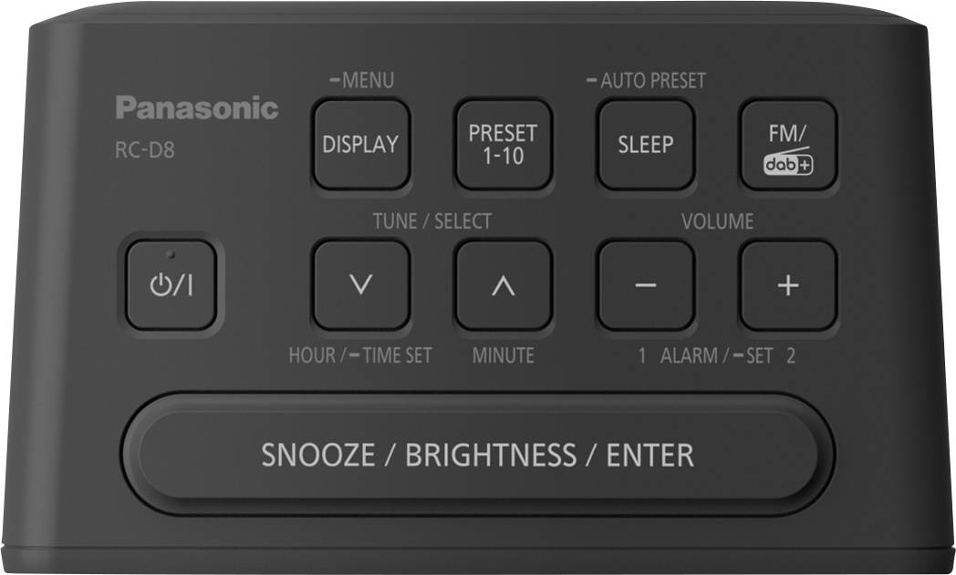 'Panasonic RC-D8' radioväckarklocka, svart, frontvy. Displays-, inställnings- och volymknappar samt 'Snooze/Ljusstyrka/Enter'-knapp synlig.