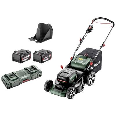 Batteridriven gräsklippare från Metabo, inklusive två batterier, laddare och gräsuppsamlare. Lämplig för sladdlös gräsklippning.