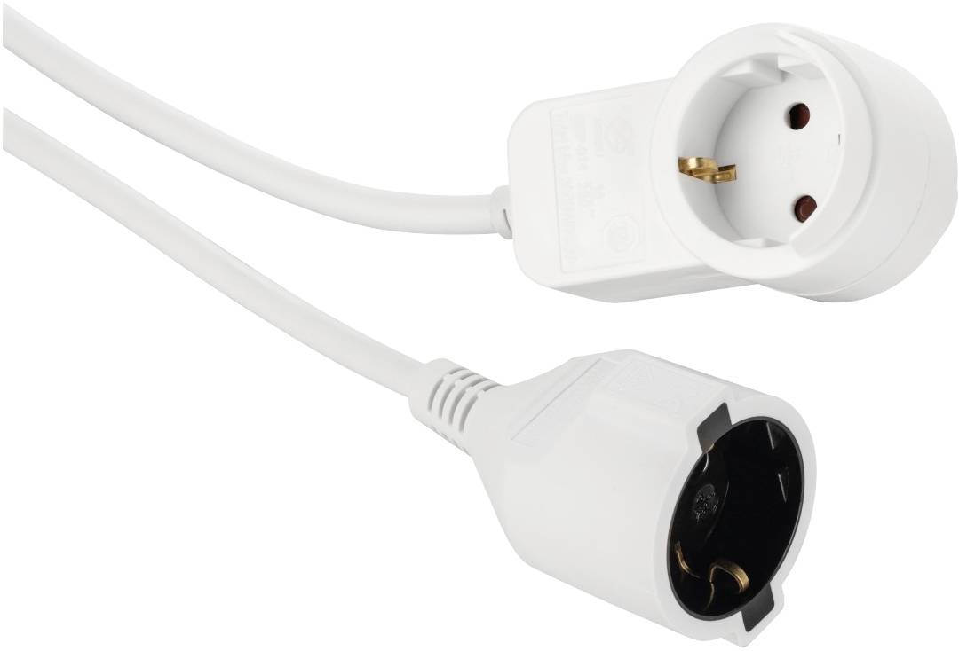 Två vita stickkontaktsadaptrar, en med ett Schuko-uttag, den andra med en Schuko-kontakt, sammanlänkade genom en kort kabel.