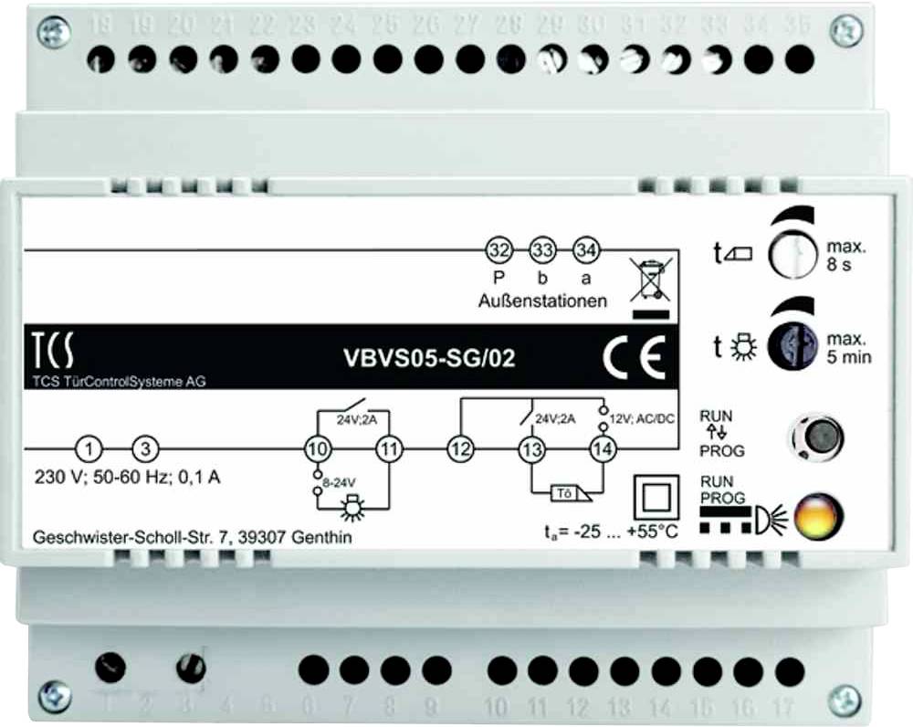 Elektronisk styrenhet med märkning 'VBVS05-SG/02'. Visar manövreringsorgan och anslutningar. Spänning 230V, skyddsklass CE.