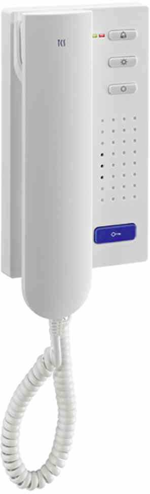 Vit bordstelefon med lur och kabel, tre knappar och högtalarhål på basen.