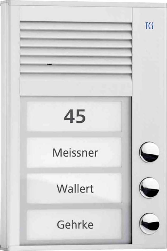Dörrklocka med tre namnsskyltar: 'Meissner', 'Wallert', 'Gehrke'. Husnummer '45' ovanför. Tre ringklockor till höger om skyltarna.