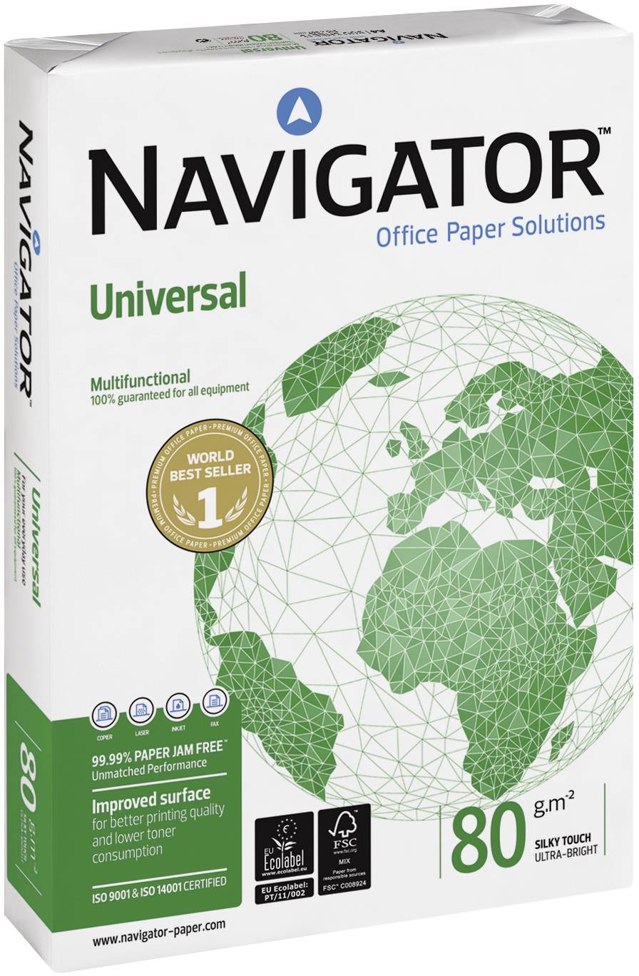 Pappersask 'Navigator Universal 80 g/m²' med världsbestsellarutmärkelse. Lämplig för alla enheter, 500 ark per förpackning.