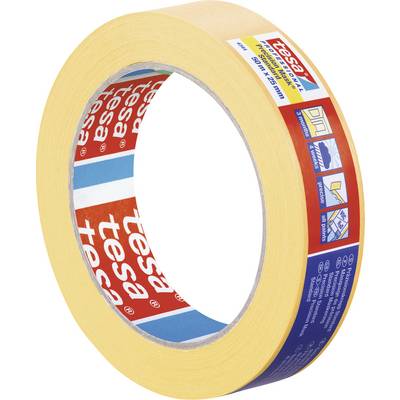 Tejprulle med gult band och 'tesa'-logotyp. Förpackningen visar piktogram för användning: målningsarbeten, skydd vid målning.