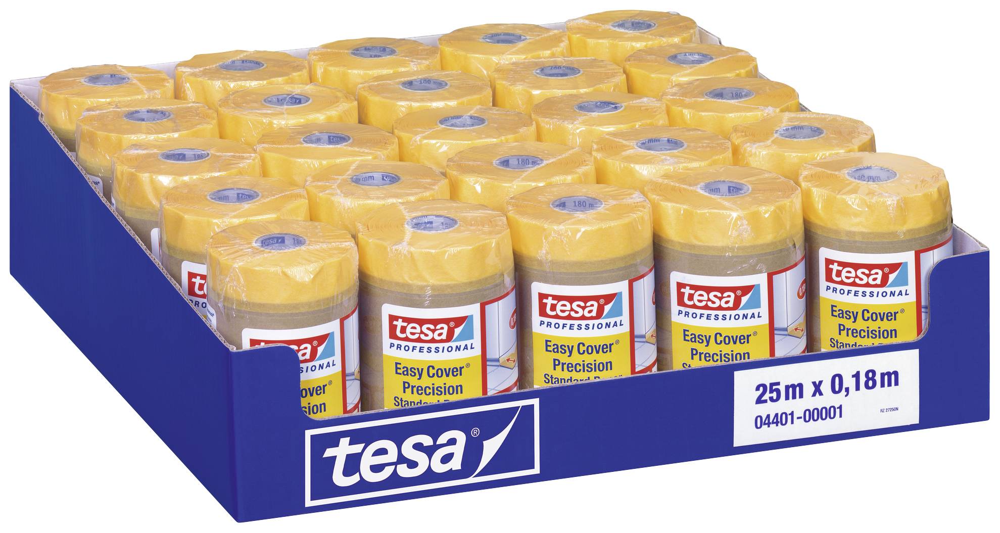 En blå låda med flera rullar Tesa Easy Cover Precision Standard, varje rulle 25 m lång och 0,18 m bred.