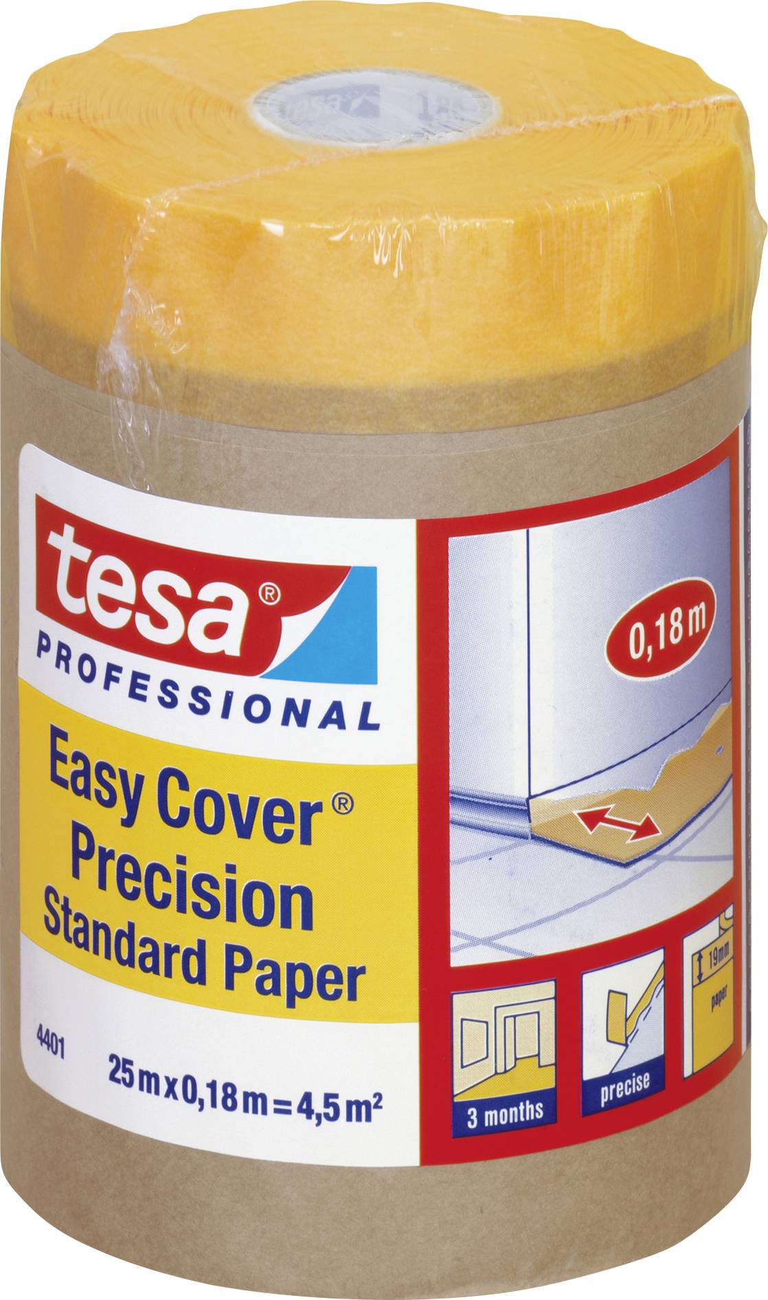 Rullar med täckpapper med gult tejp. Etikett: 'tesa Easy Cover Precision Standard Paper'. För exakt maskeringstejpning vid målning.