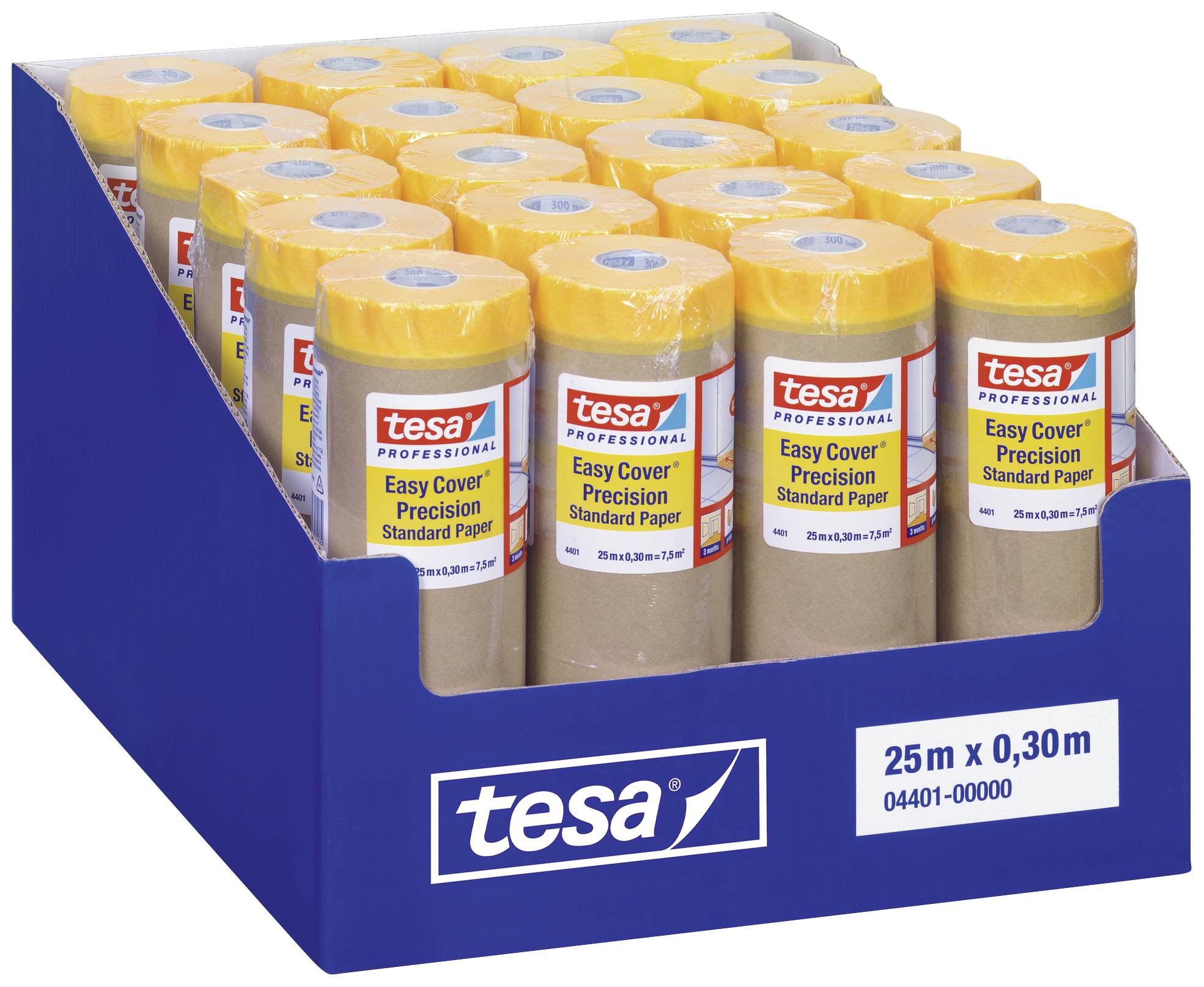 En kartong med 25 rullar Tesa 'Easy Cover Precision Standard Paper', gul förpackning, lämplig för preciserat täckning vid målning.