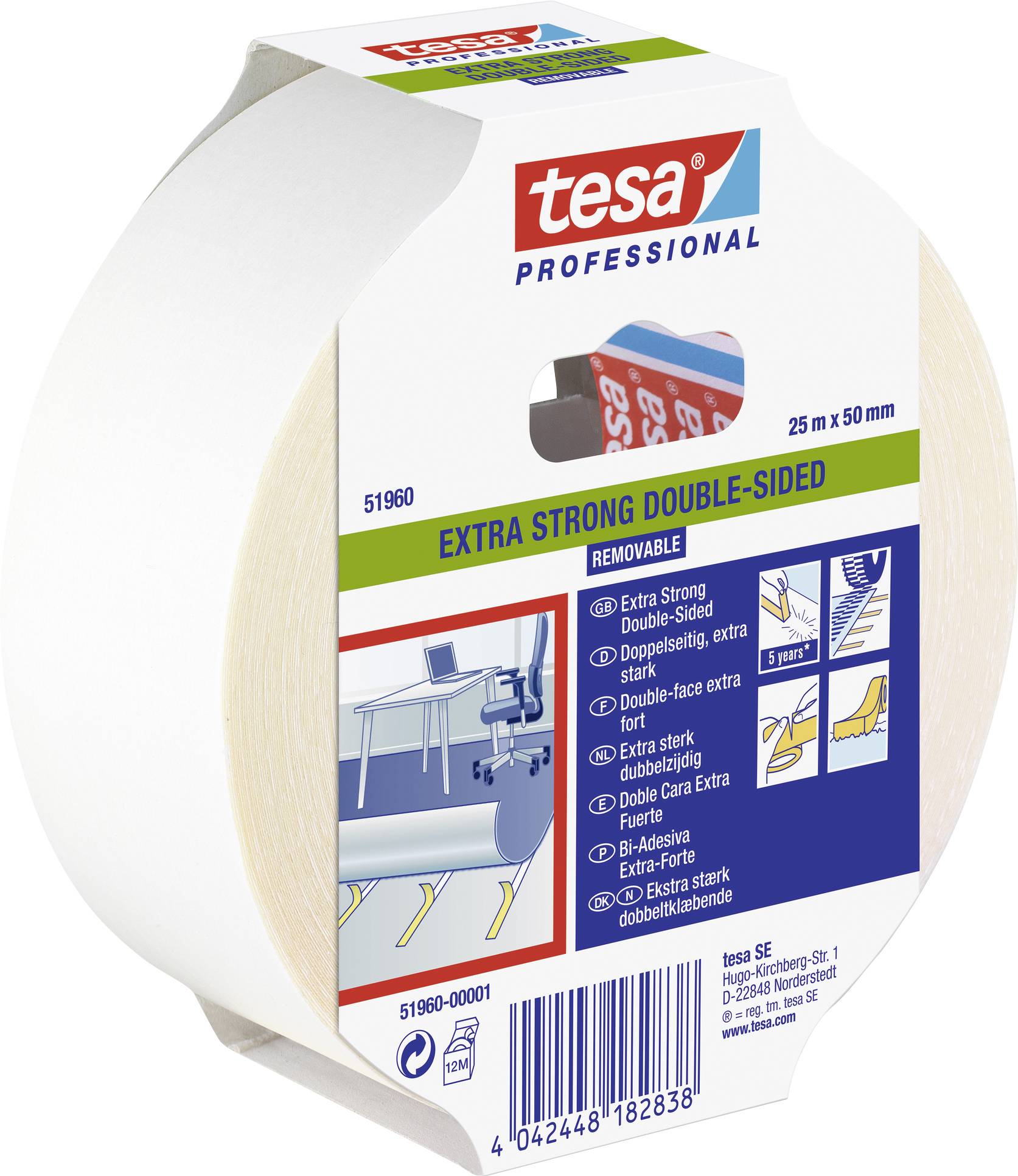 Dubbelsidigt tejp från Tesa Professional, extra stark och avtagbar; lämplig för mattläggning och fästning av lätta föremål.