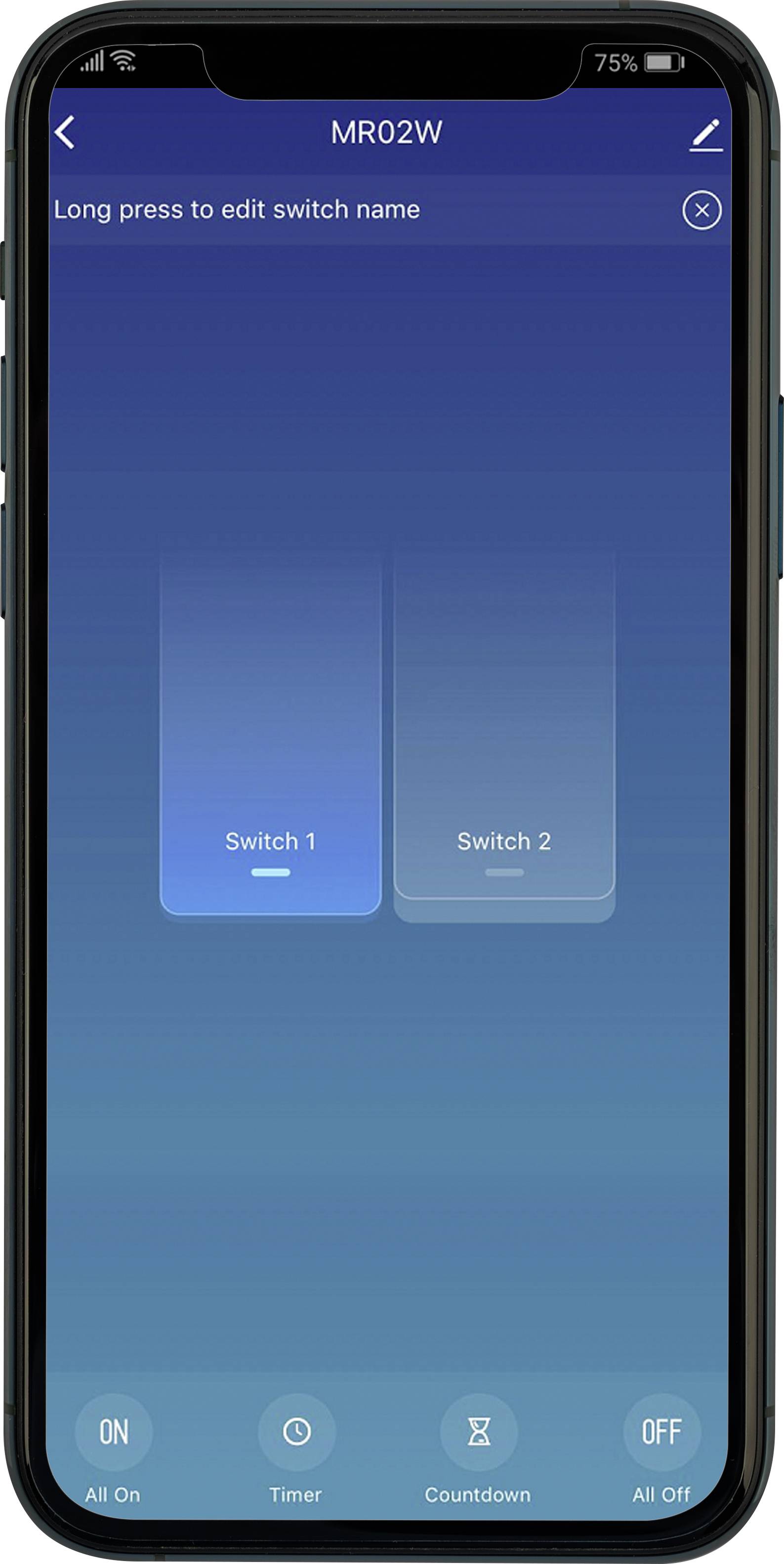 Smartphoneskärm visar en app för styrning av ljusbrytare med alternativen 'Switch 1' och 'Switch 2'.