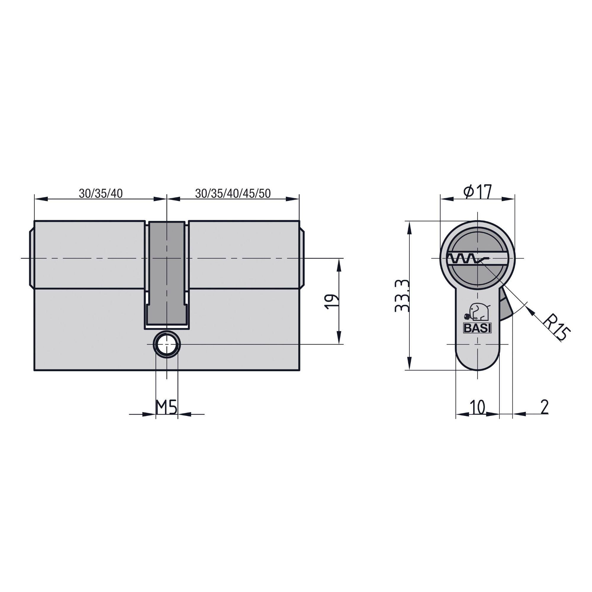 Teknisk ritning av ett cylinderlås från Basi, som visar dimensioner: bredd 30/35/40/45/50 mm, höjd 33,5 mm, djup 19 mm.