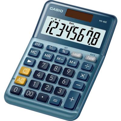 En blå räknare med stora knappar och display, som visar siffran '12345678'. Knappar för grundläggande räkneoperationer och valutaomvandling till euro.