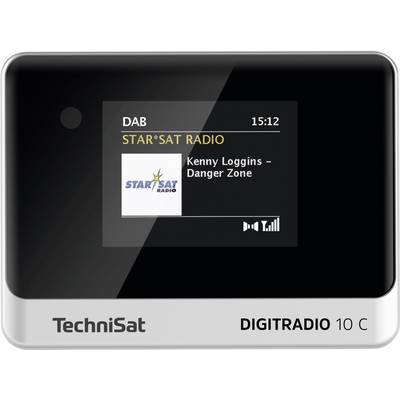 En digital radio visar 'DAB', mottagningsstatus, tid 15:12, STAR*SAT RADIO, spelar "Kenny Loggins – Danger Zone". Enhet: TechniSat DIGITRADIO 10 C.